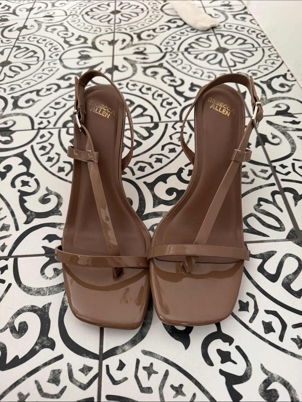 Rebecca Vallance Brown Patent T-Strap Square-Toe Slingbacks